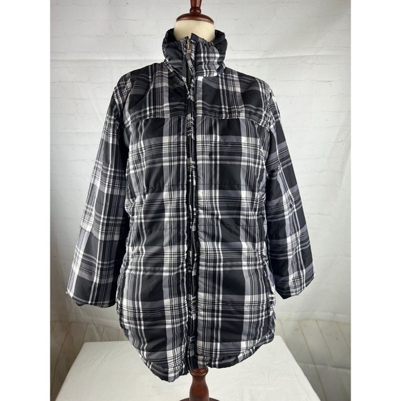 Free Country Womens Reversible Jacket Sz M Black Plaid Stand-Up Collar Full Zip - Picture 1 of 4